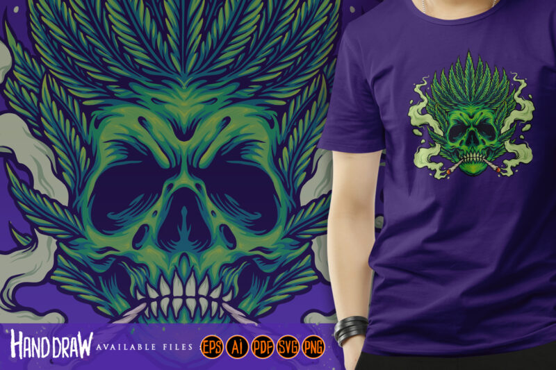 Skull Smoking Weed Leaf Hair Illustrations