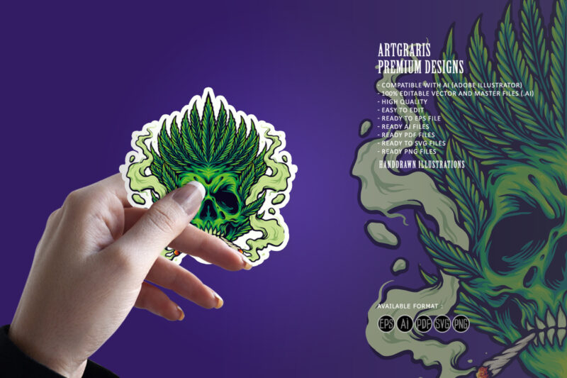 Skull Smoking Weed Leaf Hair Illustrations