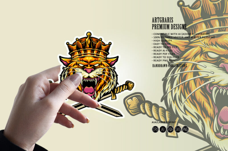 Angry King Tiger Sword Logo Illustrations