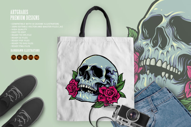Sugar Skull Anatomy with Roses Tattoo Illustrations - Buy t-shirt designs