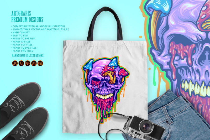 Magic Trippy Skull Mushroom Psychedelic Illustrations