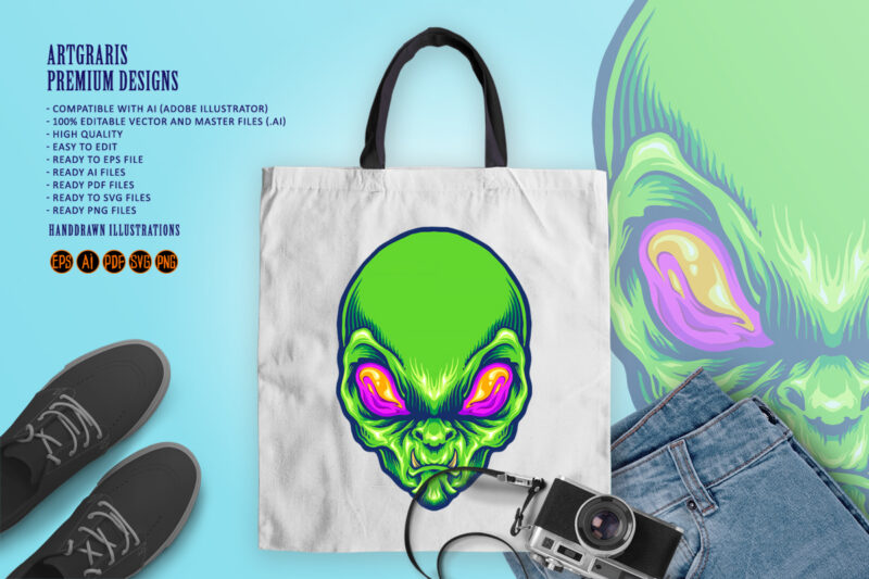 Green Alien Head Angry Mascot