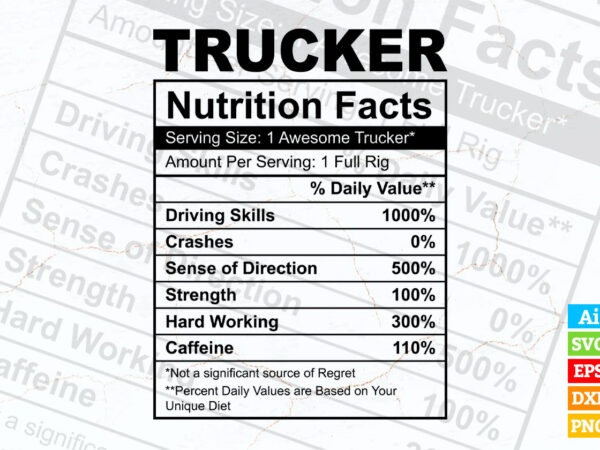 Trucker funny nutrition facts editable vector t-shirt design in ai svg