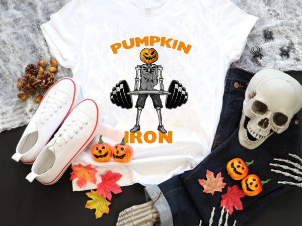 Pumpkin iron skeleton halloween workout png, skeleton halloween png, skeleton gym png t shirt illustration