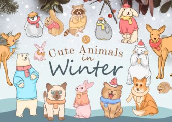 Cute animals in winter bundle, Winter animal cartoon illustration bundle, Fun winter animal, Animal wearing a scarf, animals wear clothes,