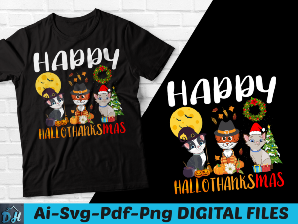 Happy hallothanksmas t-shirt, cute cat hallothanksmas t-shirt, halloween t-shirt, thanksgiving t-shirt, christmas t-shirt, happy hallothanksmas funny t-shirt, funny t-shirt, cute cats t-shrit, cats t-shirt,