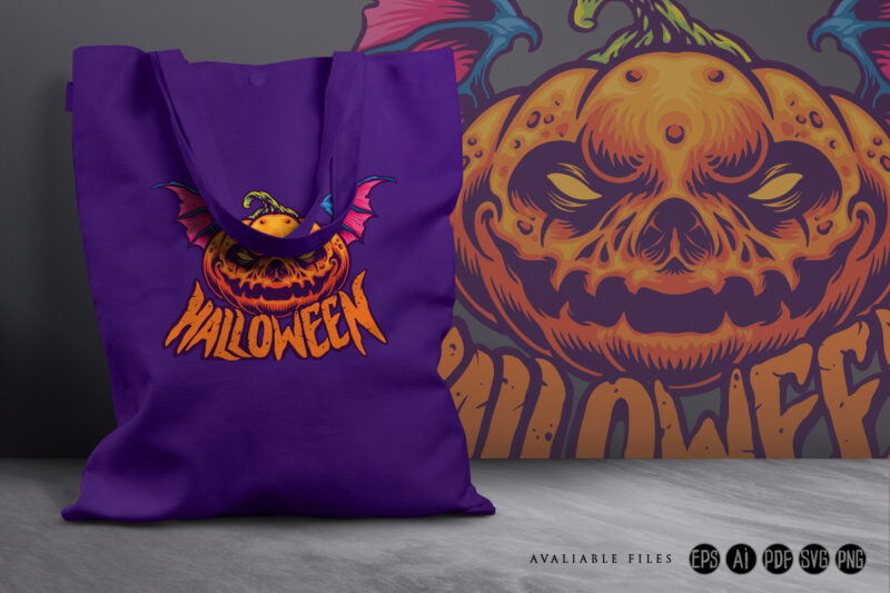 Halloween Scream Pumpkin head with bat wing