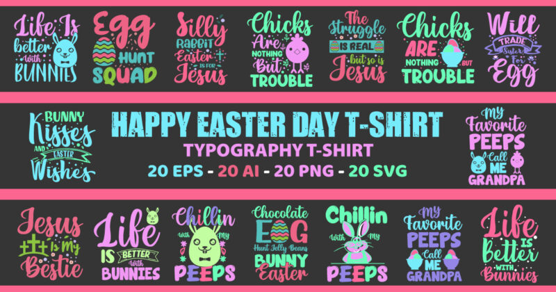 Easter day t shirt design , 20 Easter day typography t shirt design bundle, Easter bunny t shirt design, Happy easter day t shirt design with easter graphics, Easter eps