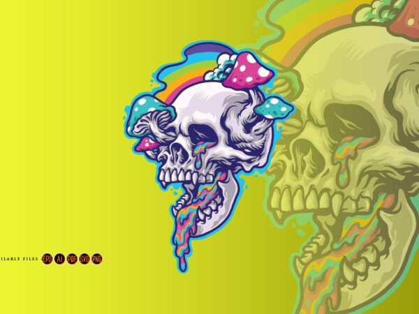 Magic mushroom and trippy vomit skull illustration t shirt designs for sale