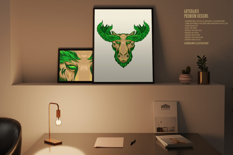 Deer with Marijuana Leaf Antlers Logo Mascot