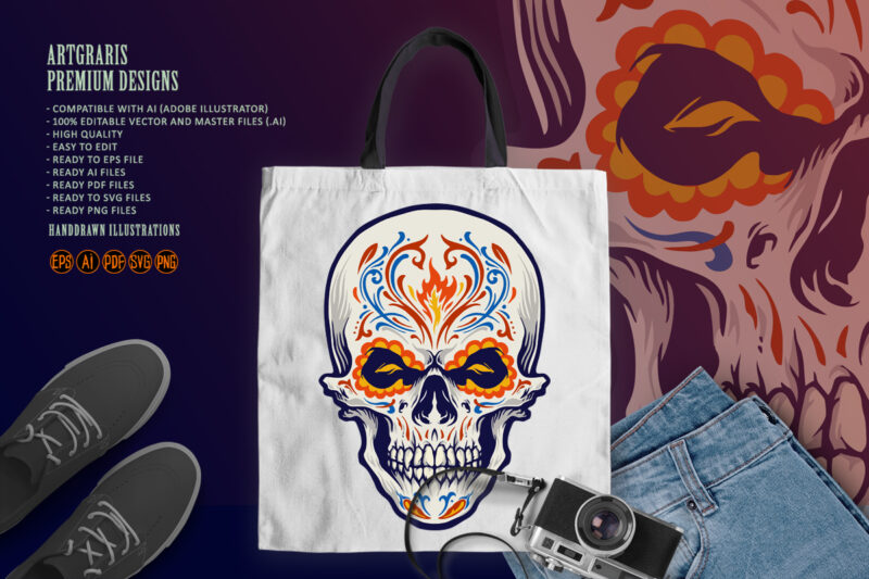 Sugar skull Dia de Los Muertos Tattoo Illustrations - Buy t-shirt designs