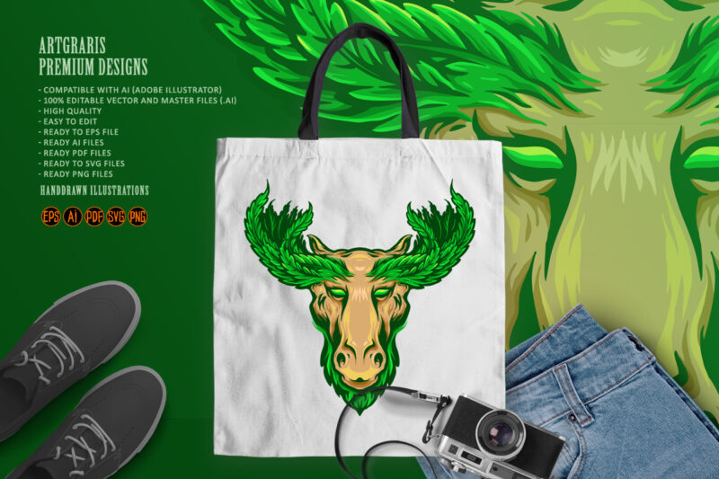 Deer with Marijuana Leaf Antlers Logo Mascot