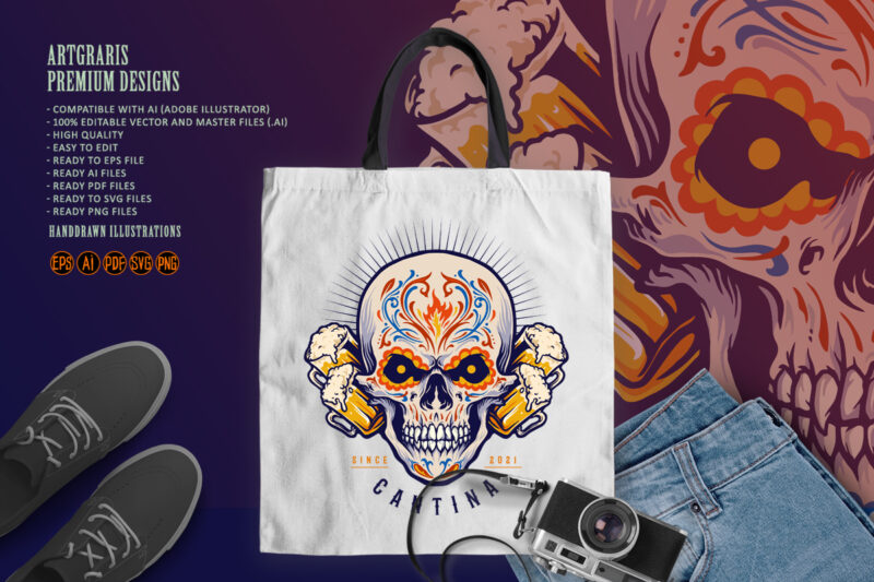 Mexican Sugar Skull Cantina Beer Day Mascot - Buy t-shirt designs