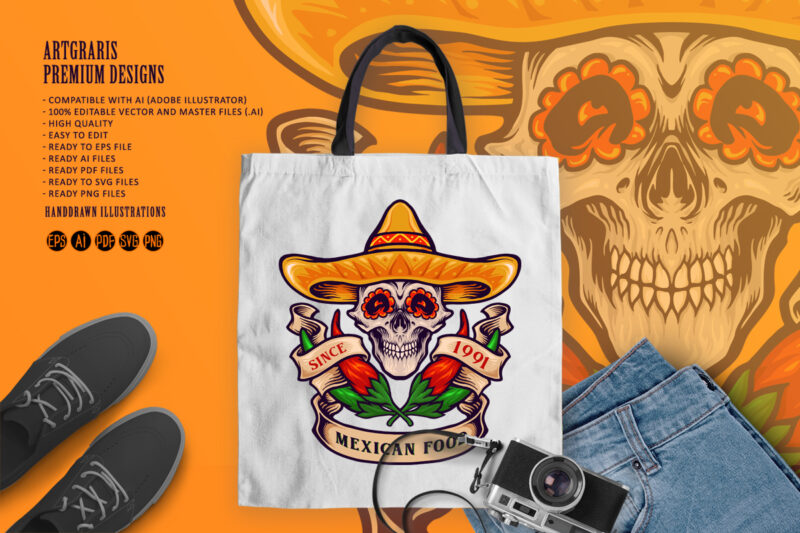 Mexican Food Skull Logo Chilli - Buy t-shirt designs