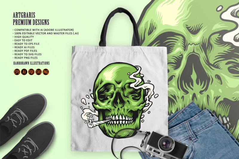 Smoking weed Green Skull Hand Drawn Illustrations - Buy t-shirt designs