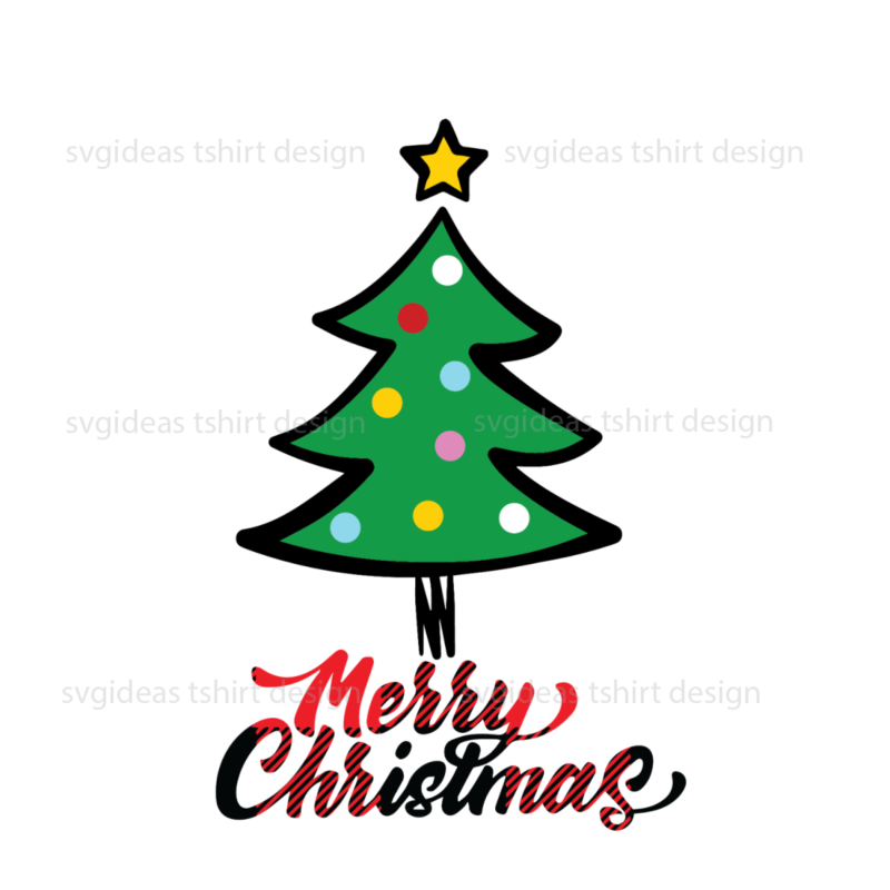 Merry Christmas, Christmas Tree decorated with many colors and Stars Silhouette Sublimation Files