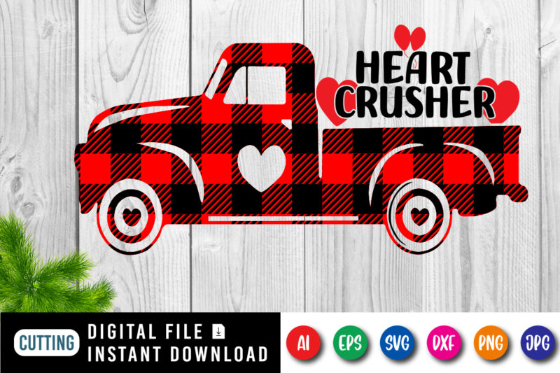 Heart crusher t-shirt, plaid truck, Heart Crusher Valentine truck shirt, Valentine’s Day Png, Heart Crusher Boys Valentine shirt print template