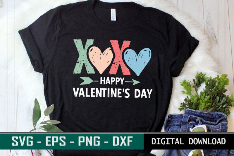 XOXO Happy Valentine’s Day Valentine quote Typography colorful romantic SVG cut file for print on black T-shirt and more merchandising