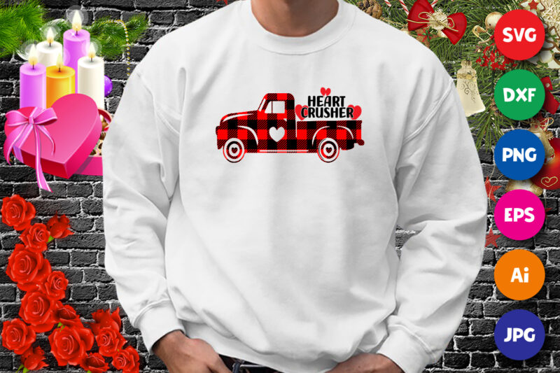 Heart crusher t-shirt, plaid truck, Heart Crusher Valentine truck shirt, Valentine’s Day Png, Heart Crusher Boys Valentine shirt print template