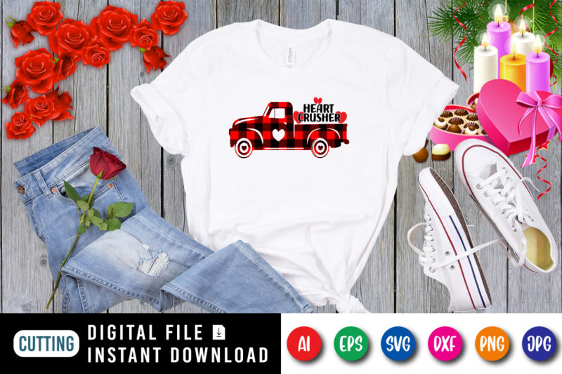 Heart crusher t-shirt, plaid truck, Heart Crusher Valentine truck shirt, Valentine’s Day Png, Heart Crusher Boys Valentine shirt print template