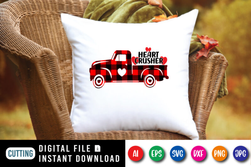 Heart crusher t-shirt, plaid truck, Heart Crusher Valentine truck shirt, Valentine’s Day Png, Heart Crusher Boys Valentine shirt print template