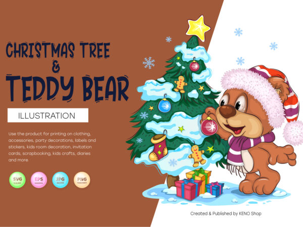 Cartoon teddy bear and christmas tree. t shirt vector file