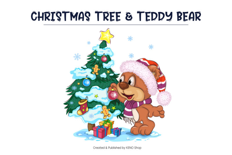 Cartoon Teddy Bear and Christmas tree.