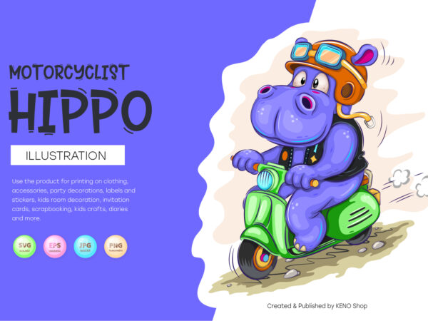 Cartoon hippo motorcyclist. t shirt vector file