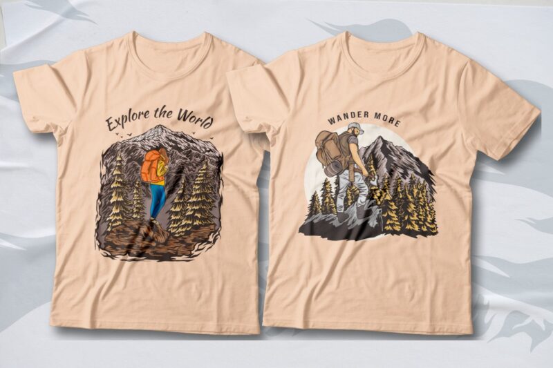 Nature Illustration T-shirt Designs Bundle, Mountains Illustration T-shirt Designs, Outdoor T-shirt Designs, Hike and Camping T-shirt Designs