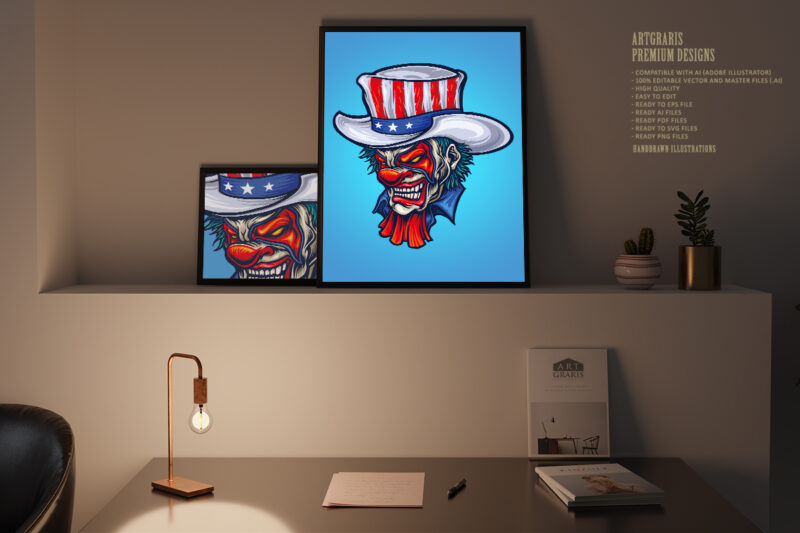 Evil Clown American Hat Halloween Illustrations