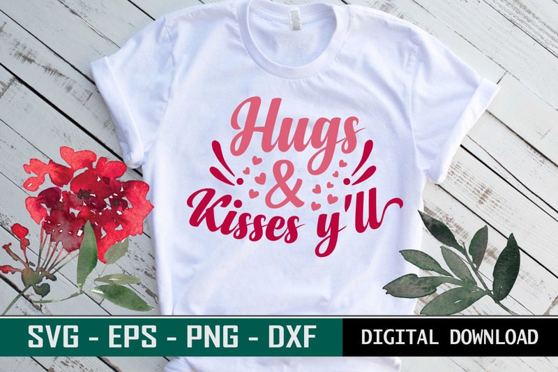 Hugs and Kisses Valentine quote Typography colorful romantic SVG cut ...
