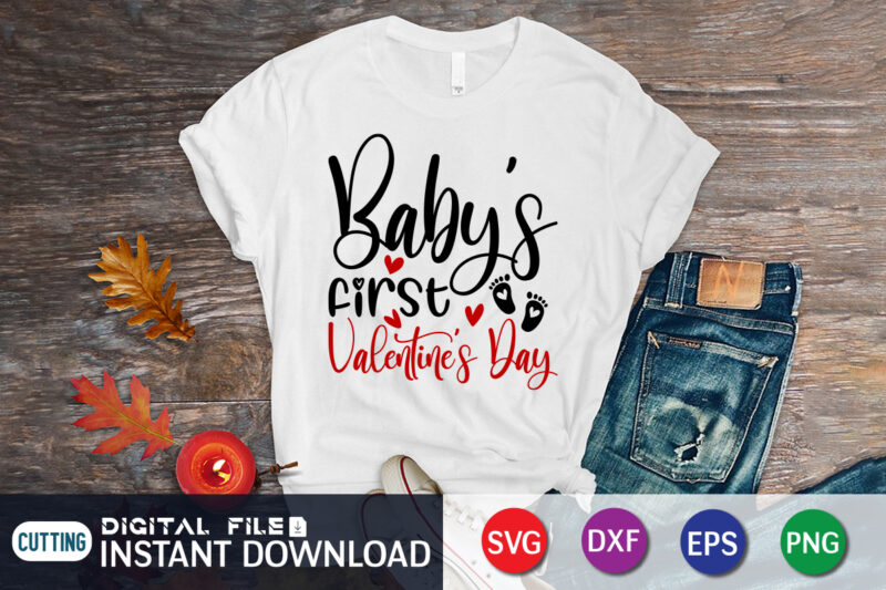 Baby’s First Valentine’s Day T Shirt, Happy Valentine Shirt print template, Heart sign vector, cute Heart vector, typography design for 14 February