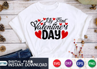 My First Valentine’s Day T Shirt, Happy Valentine Shirt print template, Heart sign vector, cute Heart vector, typography design for 14 February