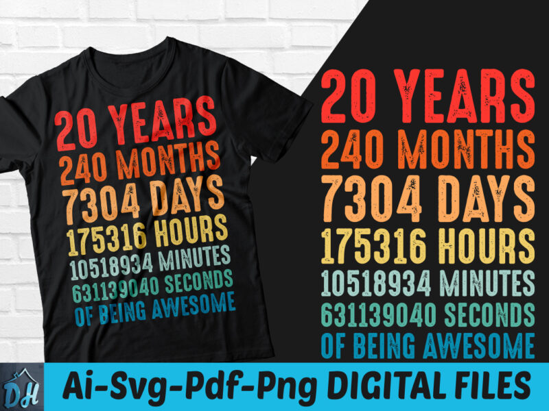 20 years of being awesome t-shirt design, 20 years of being awesome SVG, 20 Birthday vintage t shirt, 20 years 240 months of being awesome, Happy birthday tshirt, Funny Birthday