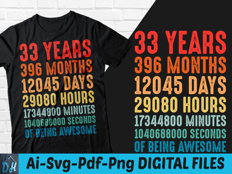 33 years of being awesome t-shirt design, 33 years of being awesome SVG, 33 Birthday vintage t shirt, 33 years 396 months of being awesome, Happy birthday tshirt, Funny Birthday
