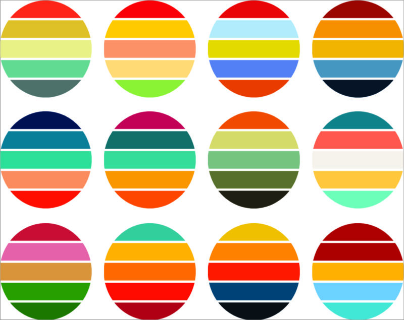 33 Files Retro Colored Circle Sunsets Clipart, Circle Round Background Vintage Color Palettes Commercial License Print On Demand 988658536