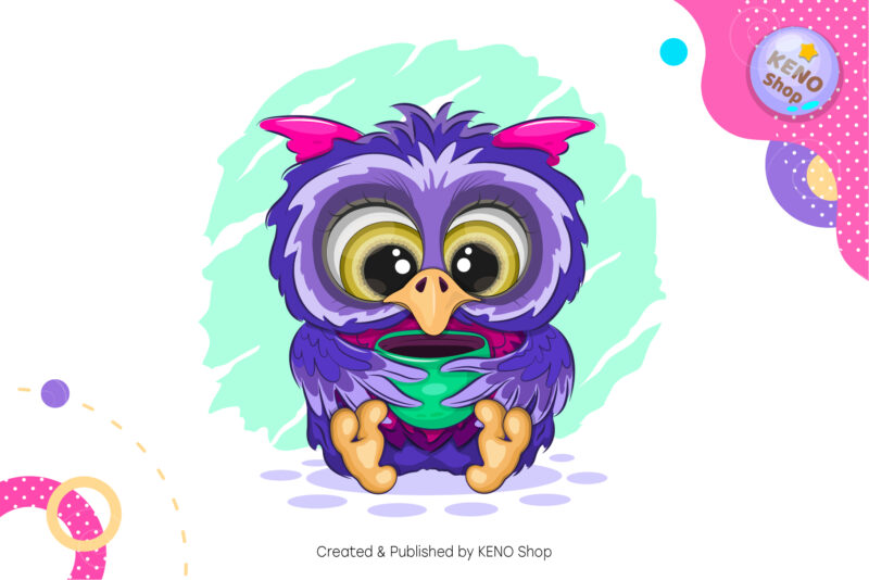 Cartoon owl with a cup. T-Shirt, PNG, SVG.