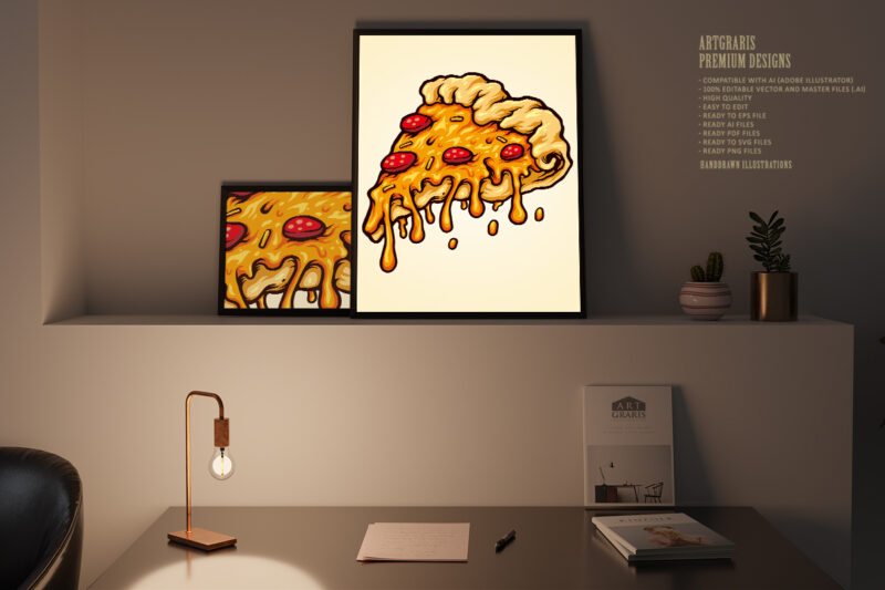 Flying slice of pizza with melting cheese SVG