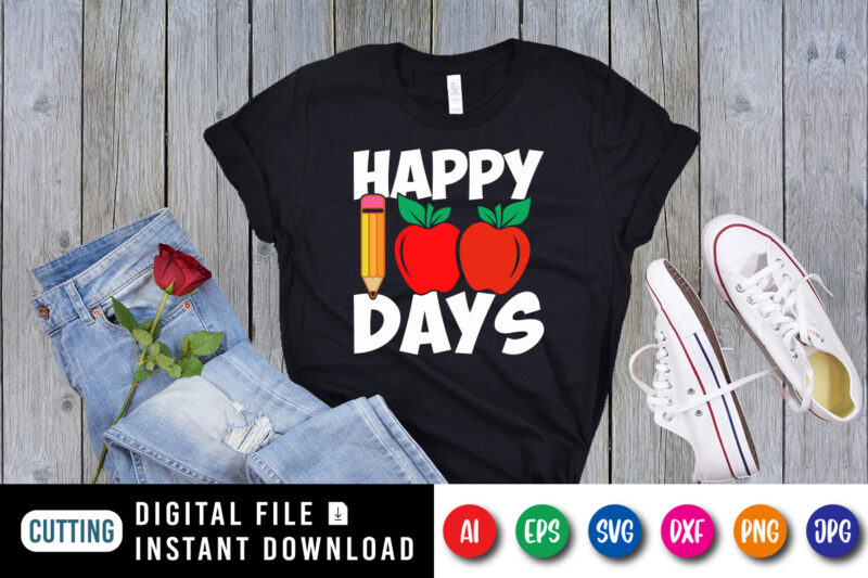 Happy 100 days T shirt, cute apple, pencil vector, 100 days of school shirt print template, typography design for back to school, 2nd grade, second grade, teachers day