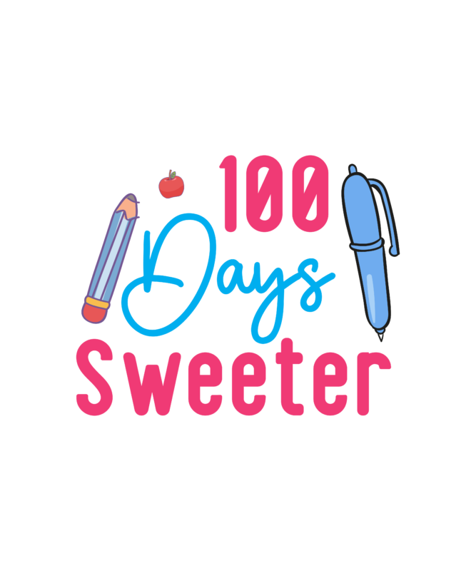 100 Days Sweeter T Shirt Design,Happy 100 days t shirt, cute apple, pencil vector, 100 days of school shirt print template, typography design for back to school, 2nd grade, second