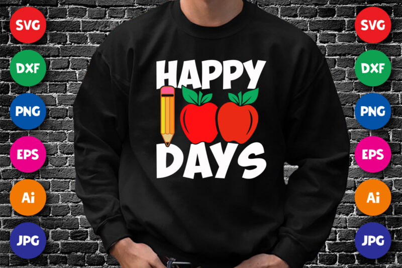 Happy 100 days T shirt, cute apple, pencil vector, 100 days of school shirt print template, typography design for back to school, 2nd grade, second grade, teachers day