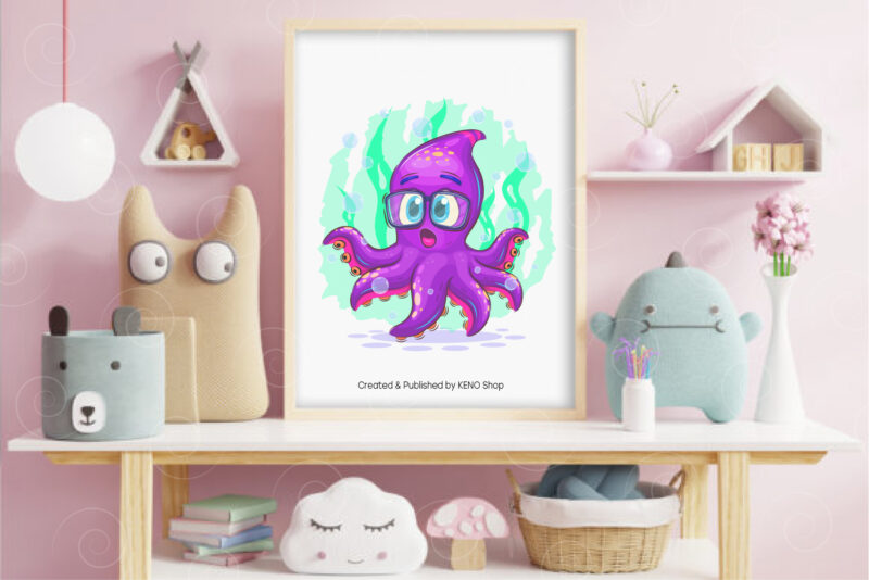 Cartoon Surprised Octopus. T-Shirt, PNG, SVG.