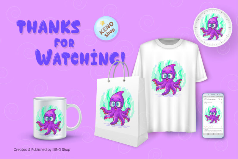 Cartoon Surprised Octopus. T-Shirt, PNG, SVG.