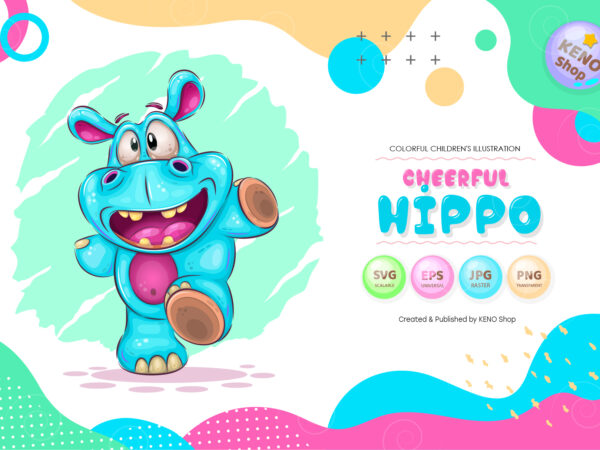 Cheerful cartoon hippo. t-shirt, png, svg.