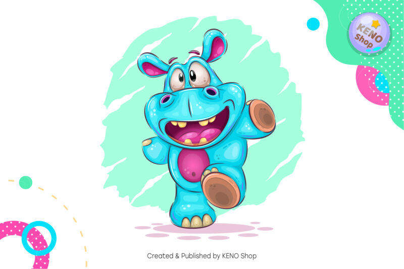 Cheerful Cartoon Hippo. T-Shirt, PNG, SVG.