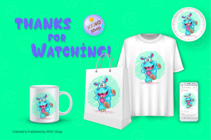 Cheerful Cartoon Hippo. T-Shirt, PNG, SVG.