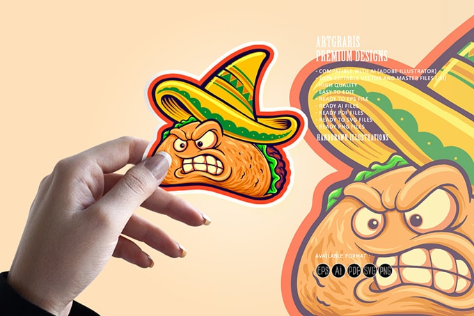 Angry delicious tacos restaurant mascot