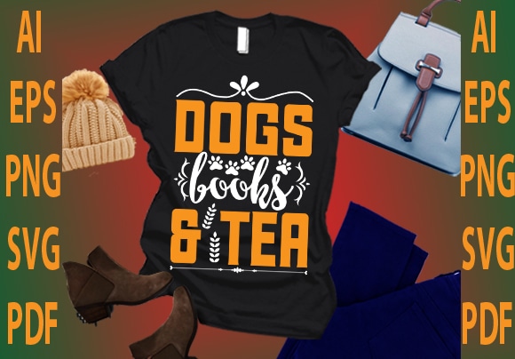 Dogs books and tea t shirt vector illustration