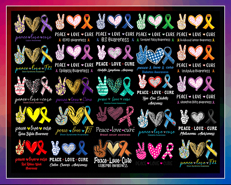 25 Designs Peace love Cure PNG Bundle, Peace Love Cure Sublimation, Peace Love Cure PNG, Awareness Designs, Commercial Use, Digital Download 932855979