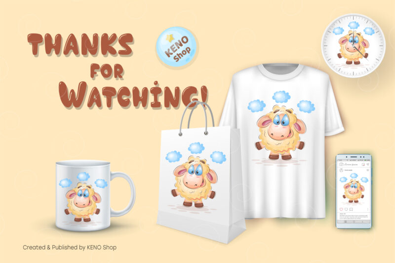 Cute Cartoon Sheep. T-Shirt, PNG, SVG.